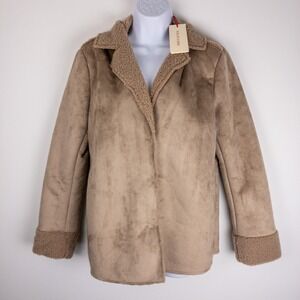 Solitaire Boucle Teddy Bear Jacket Womens M Beige Sherpa‎ Faux Suede Cozy New